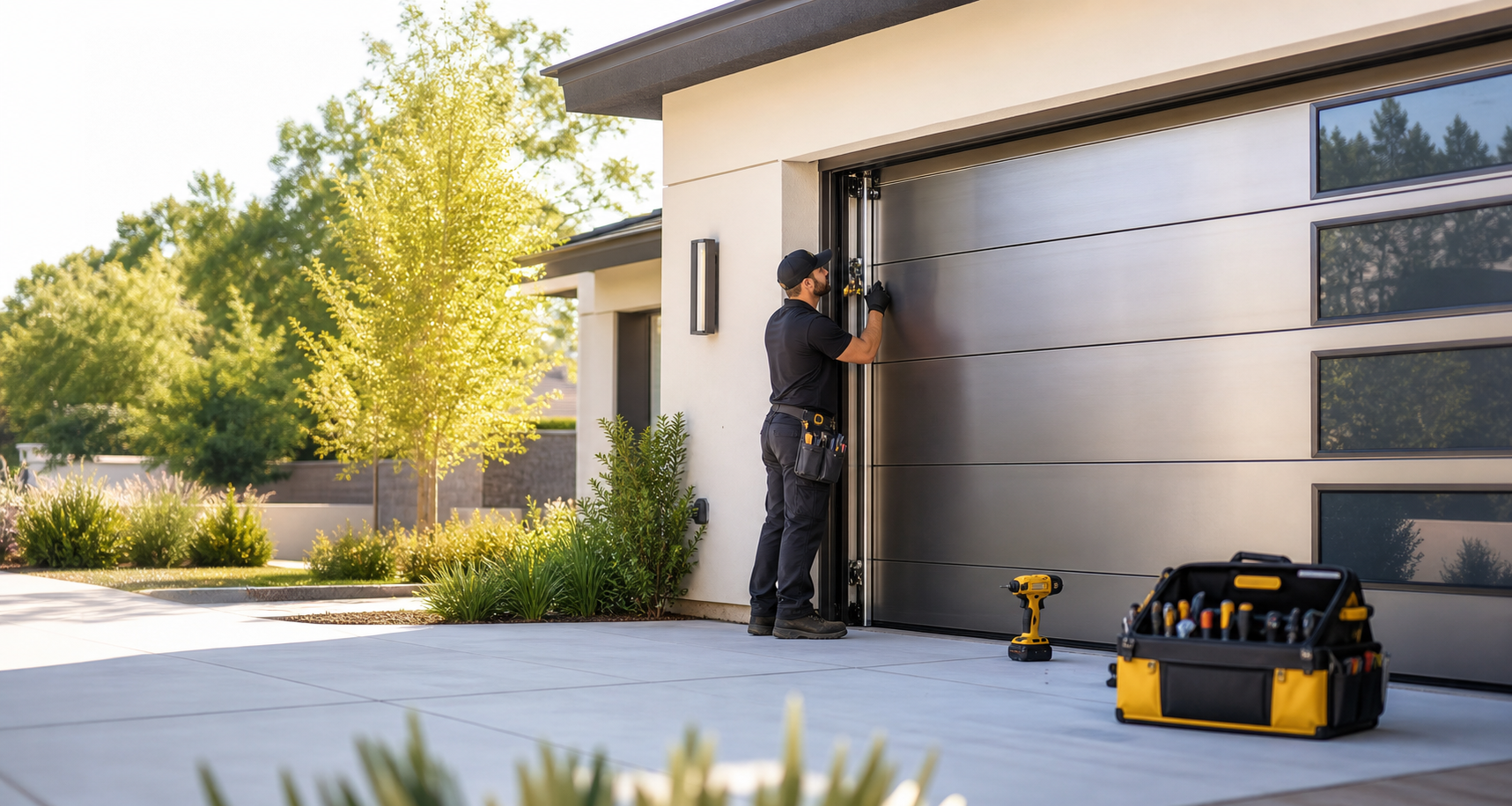 Technician inspecting a modern residential garage door